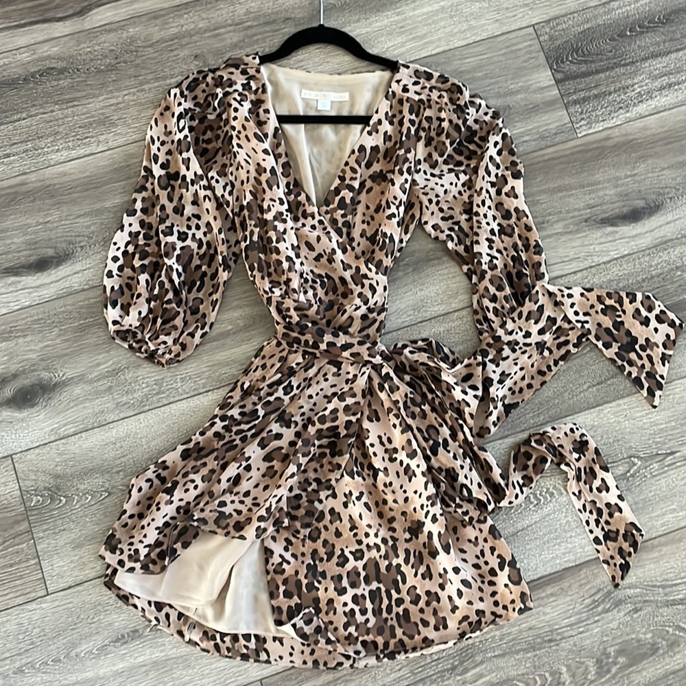 Boston Proper Leopard Print Mini Dress in Beige and Brown